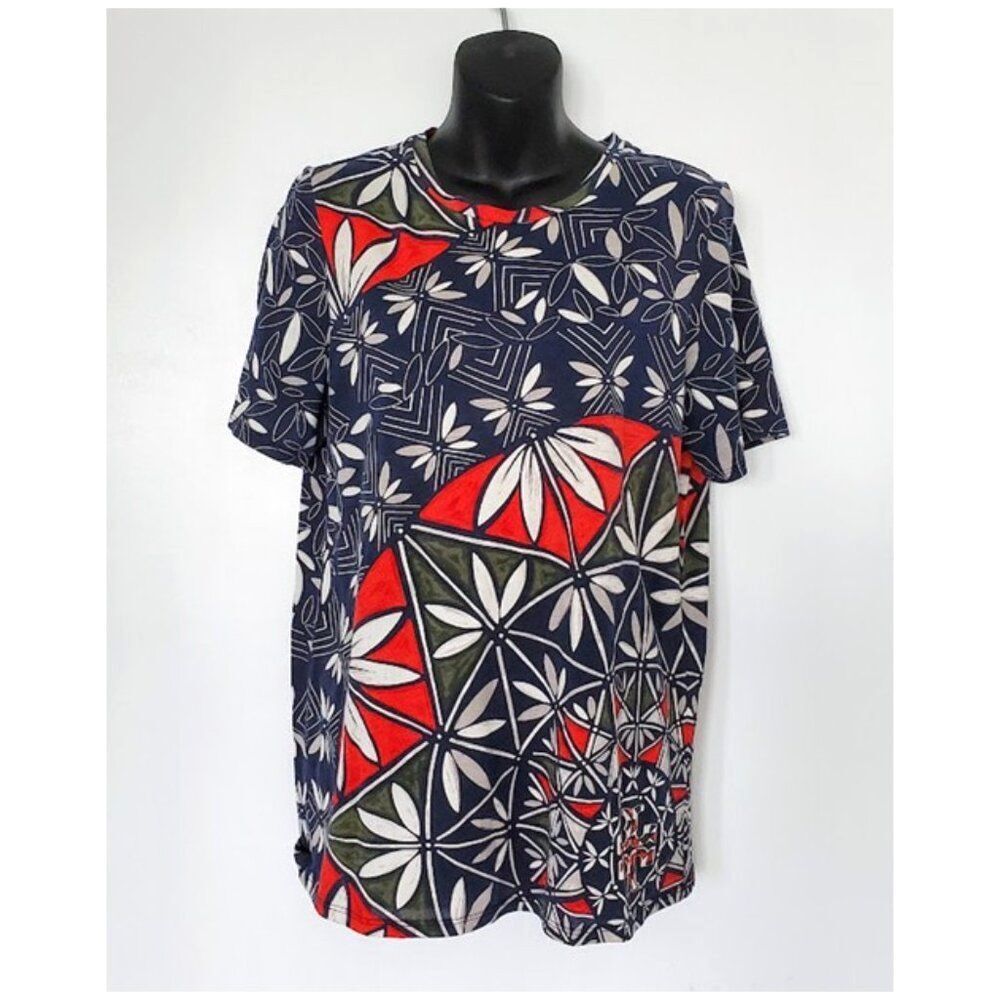 Tory Burch Pima Cotton Kaleidoscope Floral Logo T-Shirt Top Navy Red Olive Sz M
